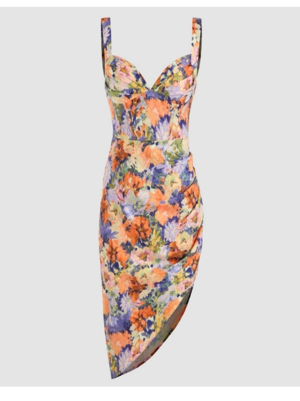 Cider Floral Asymmetrical Bodycon Dress - Orange, Blue, Green